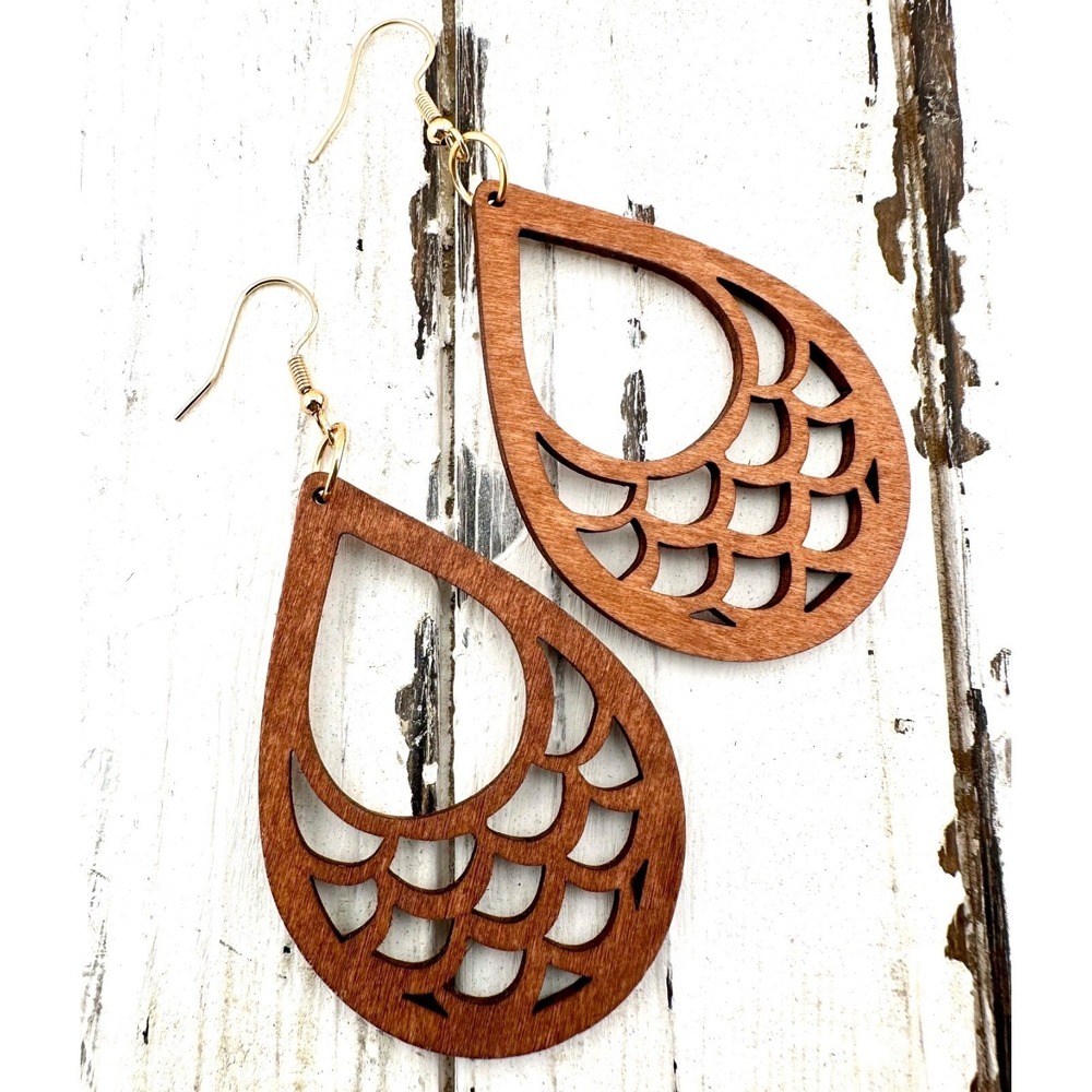 Mermaid Scales‎ Teardrop Earrings Laser Cut Wood Chestnut Stained NEW